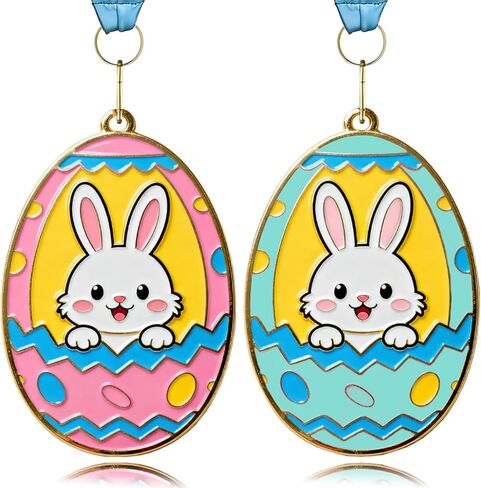 2 Pcs Easter Gold Medals, 2.95 Inch Easter Bunny Egg Shape Award with Colorful Neck Ribbons, Easter & Spring Spirit Medallion Decorating Contest Award Medals for Egg Hunt Party Gift in Kuwait