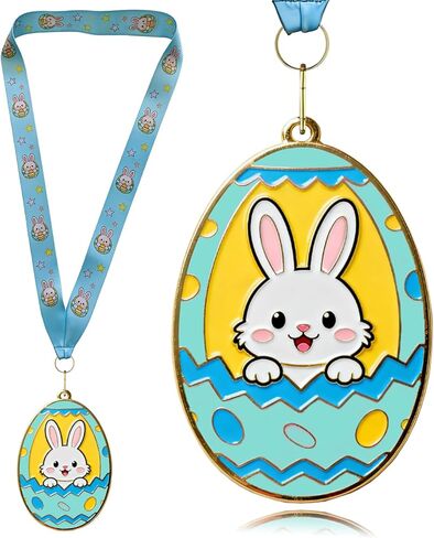 2 Pcs Easter Gold Medals, 2.95 Inch Easter Bunny Egg Shape Award with Colorful Neck Ribbons, Easter & Spring Spirit Medallion Decorating Contest Award Medals for Egg Hunt Party Gift in Saudi Arabia