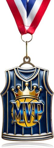 ميداليات كرة السلة Donrime للجوائز - كأس كرة السلة جيرسي MVP مع شريط أحمر أبيض وأزرق لهدايا فريق كرة السلة للاعبي كرة السلة هدايا اليوم الرياضي للأطفال البالغين in Kuwait