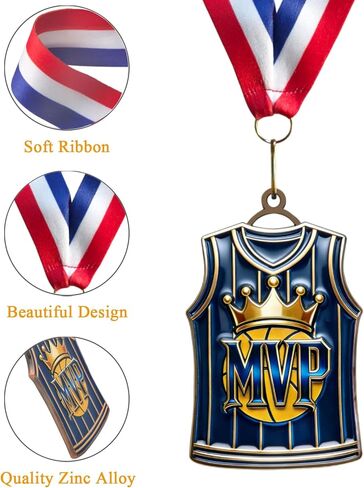 ميداليات كرة السلة Donrime للجوائز - كأس كرة السلة جيرسي MVP مع شريط أحمر أبيض وأزرق لهدايا فريق كرة السلة للاعبي كرة السلة هدايا اليوم الرياضي للأطفال البالغين in Kuwait