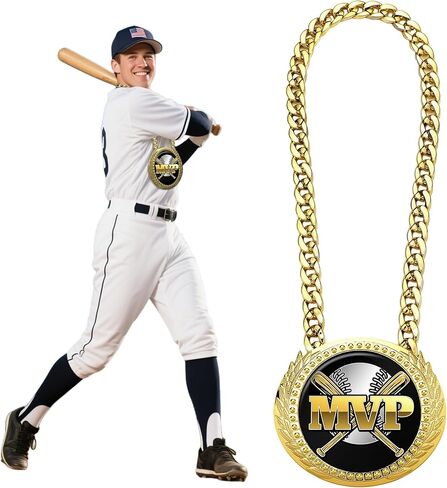 جائزة ميدالية Goutoports Baseball Chain MVP - جائزة قلادة ذهبية كبيرة الحجم بسلسلة دوران مقاس 6 بوصات لبطل الفريق، الدوري الصغير، البيسبول للشباب، الفائز بالبطولة، هدايا الحفلات in Kuwait