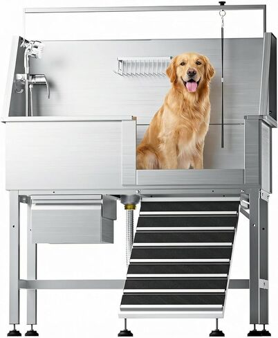 Dog Washing Station for Home, Professional 46" Stainless Steel Dog Bathing Station, Height Adjustable Dog Grooming Tub w/Stair, Storage Drawer, Upgrade Parts(Right ramp) in Kuwait