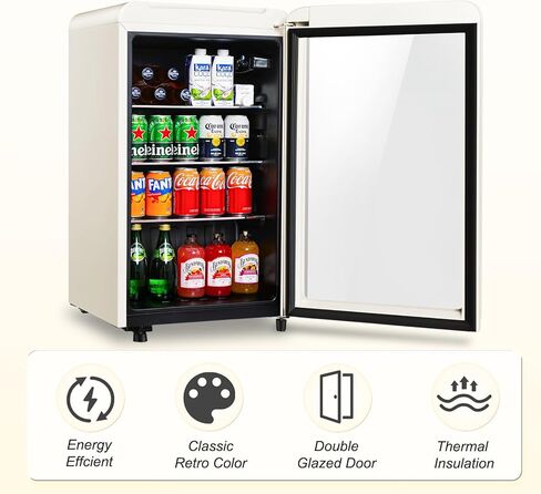 Retro Beverage Refrigerator, 3.2 Cu.Ft Mini Fridge with Glass Door, Vintage Freestanding Drink Cooler for Office, Bar, Home, Adjustable Shelving, Adjustable Thermostat (White) in Saudi Arabia