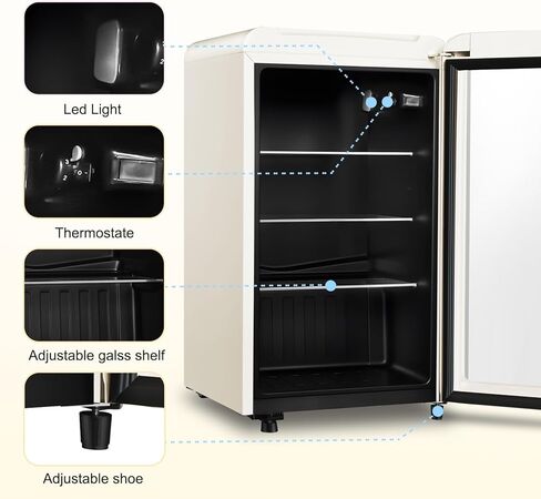 Retro Beverage Refrigerator, 3.2 Cu.Ft Mini Fridge with Glass Door, Vintage Freestanding Drink Cooler for Office, Bar, Home, Adjustable Shelving, Adjustable Thermostat (White) in Saudi Arabia