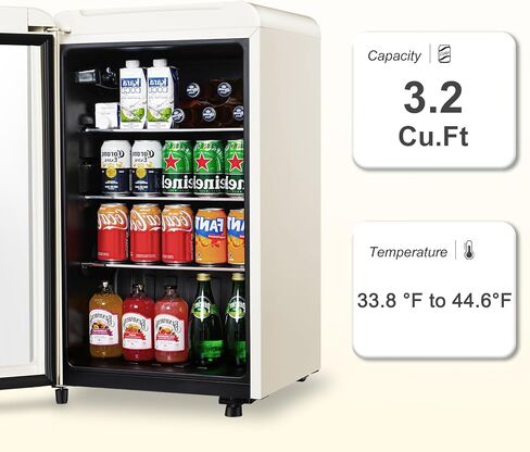 Retro Beverage Refrigerator, 3.2 Cu.Ft Mini Fridge with Glass Door, Vintage Freestanding Drink Cooler for Office, Bar, Home, Adjustable Shelving, Adjustable Thermostat (White) in Saudi Arabia