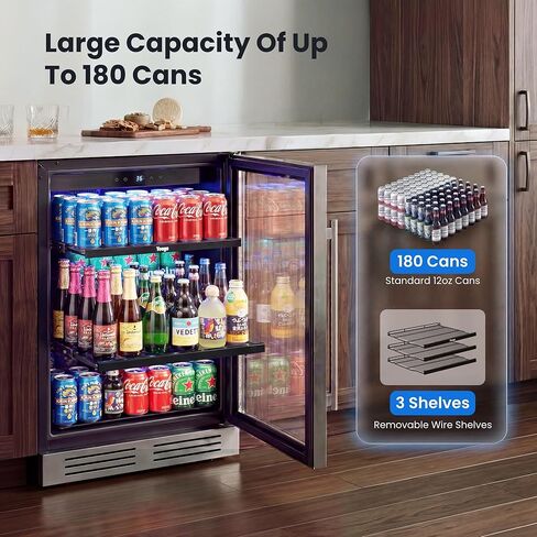 Yeego Beverage Refrigerator & Drink Fridge - 24 inch 180 Cans Beer Cooler Glass Door, 34-54℉ Under Counter Refrigerator Built-in for Drink Soda Wine for Bar Office Bedroom in Kuwait