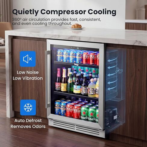 Yeego Beverage Refrigerator & Drink Fridge - 24 inch 180 Cans Beer Cooler Glass Door, 34-54℉ Under Counter Refrigerator Built-in for Drink Soda Wine for Bar Office Bedroom in Kuwait