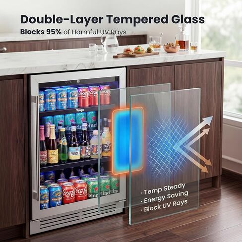 Yeego Beverage Refrigerator & Drink Fridge - 24 inch 180 Cans Beer Cooler Glass Door, 34-54℉ Under Counter Refrigerator Built-in for Drink Soda Wine for Bar Office Bedroom in Kuwait