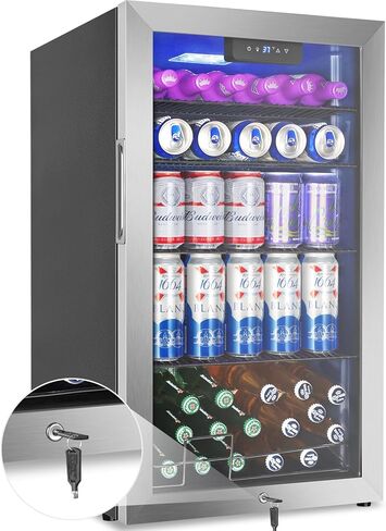 128 Cans Beverage Refrigerator Cooler, 3.2 Cu.Ft Mini Drink Fridge Glass Door for Drink Beer Soda Wine, Beer Fridge with 4 Removable Shelves for Kitchen Bedroom, Office Bar Gaming Room,Stainless Steel in Kuwait