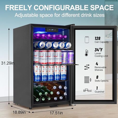 128 Cans Beverage Refrigerator Cooler, 3.2 Cu.Ft Mini Drink Fridge Glass Door for Drink Beer Soda Wine, Beer Fridge with 4 Removable Shelves for Kitchen Bedroom, Office Bar Gaming Room,Stainless Steel in Kuwait