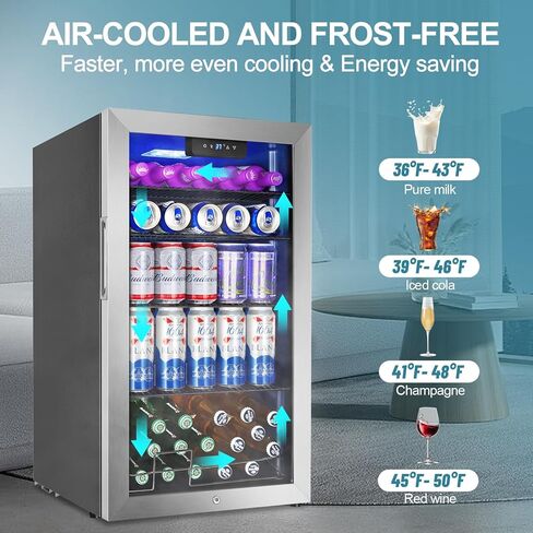 128 Cans Beverage Refrigerator Cooler, 3.2 Cu.Ft Mini Drink Fridge Glass Door for Drink Beer Soda Wine, Beer Fridge with 4 Removable Shelves for Kitchen Bedroom, Office Bar Gaming Room,Stainless Steel in Kuwait