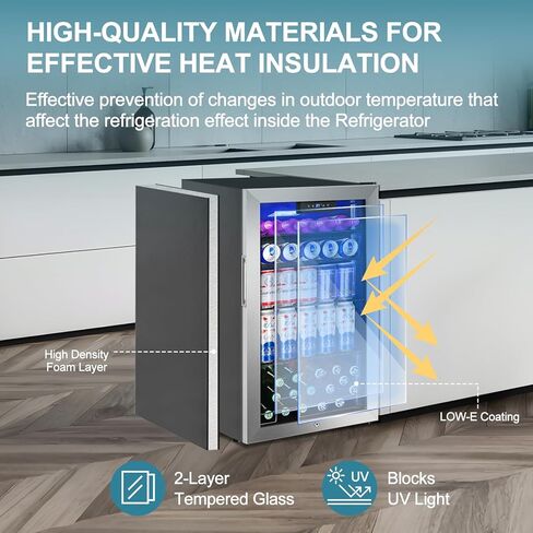 128 Cans Beverage Refrigerator Cooler, 3.2 Cu.Ft Mini Drink Fridge Glass Door for Drink Beer Soda Wine, Beer Fridge with 4 Removable Shelves for Kitchen Bedroom, Office Bar Gaming Room,Stainless Steel in Kuwait