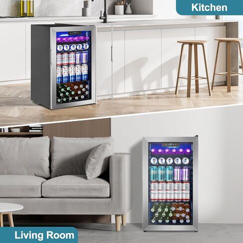 128 Cans Beverage Refrigerator Cooler, 3.2 Cu.Ft Mini Drink Fridge Glass Door for Drink Beer Soda Wine, Beer Fridge with 4 Removable Shelves for Kitchen Bedroom, Office Bar Gaming Room,Stainless Steel in Kuwait