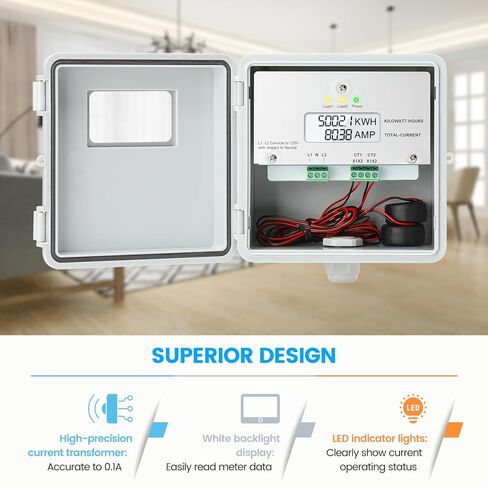 عداد ميكانيكي مثبت على السطح الخارجي، Zuomeng 120/240V 2P3W 200A طقم عداد طاقة صغير مع غلاف مقاوم للماء IP65، يتضمن 2 CT الأساسية الصلبة، قياس PWH مزدوج الدائرة الدقيق in Saudi Arabia