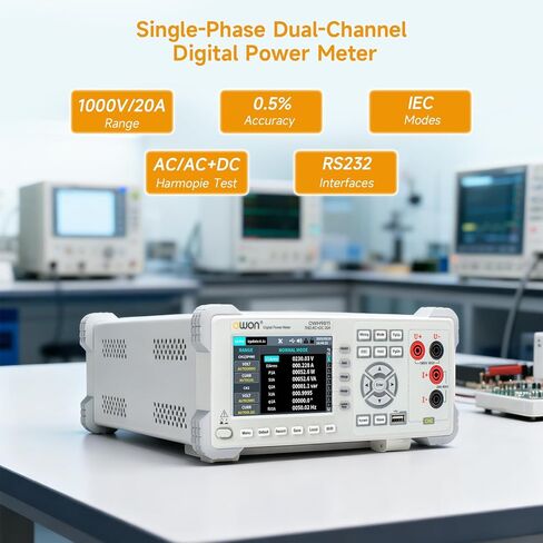 OWON مقياس الطاقة الرقمي ثنائي القناة أحادي الطور OWH9811، عداد الطاقة الرقمي للمقعد مع 16 وظيفة قياس الطاقة، نطاق 1000 فولت/20 أمبير، دقة 0.5%، أوضاع IEC، اختبار توافقي AC/AC+DC in Kuwait