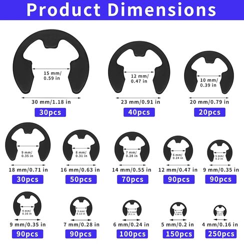 1100 Pcs E-Clip Retaining Rings, C Clips E Clips Assortment Kit, Snap Rings, Black Metal Snap Ring Kit for Auto Parts Repair, Machinery Maintenance, Industrial Equipment (13 Sizes) in Kuwait