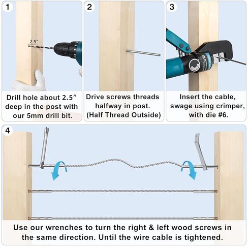 Steel DN Mate 100 Pack T316 Stainless Steel Right&Left Handed Thread Swage Lag Screws for Wood Post of 1/8" Steel Cable Railing Kit, Cable Railing Hardware, DIY Deck Railings, Wrench Include-DM50 in Kuwait