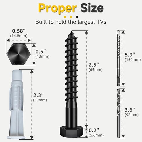 Mywish TV Mount Screws Kit, Lag Bolts for TV Wall Mount with 2X Drill Bits, M8x65 Lag Screws, 10x59 Wall Anchors, Washers, Bubble Level for Wood Stud Brick Concrete Drywall, TV Mounting Hardware Kit in Saudi Arabia