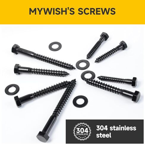 Mywish (25 مجموعة) مسامير متخلفة 1/2 بوصة × 4 بوصة، 304 براغي متخلفة من الفولاذ المقاوم للصدأ 1/2 بوصة للخشب، رأس سداسي عالي التحمل مع مجموعة مسامير غسالات مسطحة، أسود مؤكسد in Saudi Arabia