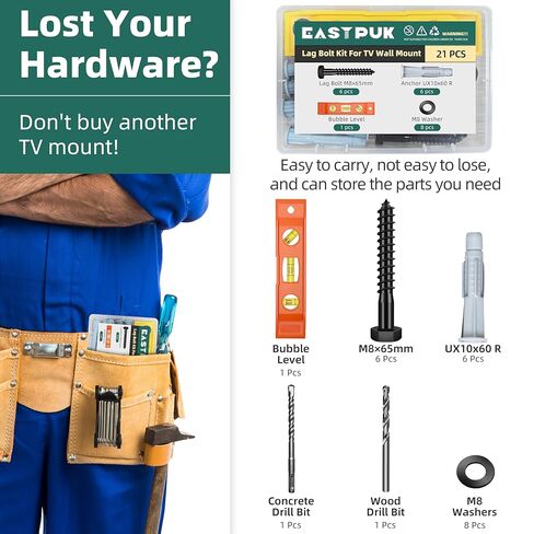 Lag Bolts for TV Wall Mount with Drill Bit, 23-Pack TV Mount Screws Kit with M8x65mm Lag Screws, Drywall Anchors, Washers, Bubble Level Hardware Kit for Wood Stud Brick Concrete in Kuwait