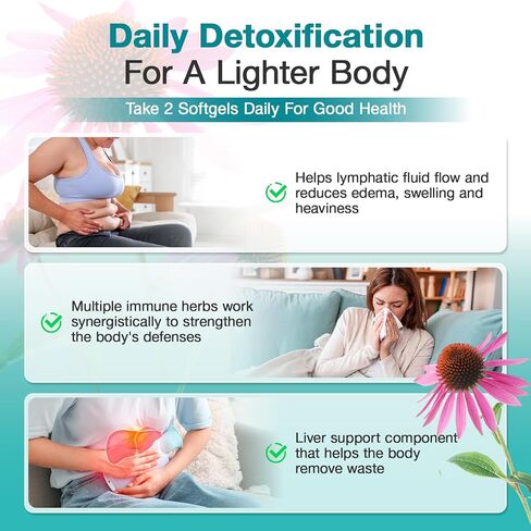 مكملات التصريف اللمفاوي - دعم الجهاز اللمفاوي، توازن السوائل، دعم المناعة - كبسولات طبيعية للتنظيف اللمفاوي وإزالة السموم مع الهندباء والإشنسا والأرقطيون والمزيد، 90 كبسولة in Kuwait