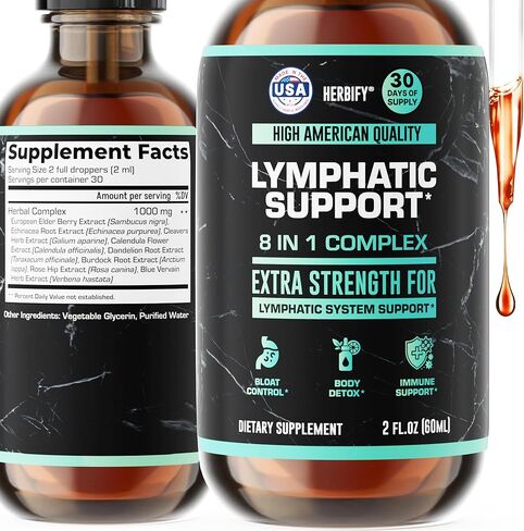 قطرات التصريف اللمفاوي من هيربيفي لإزالة سموم الكبد ودعم المناعة - قطرات دعم الجهاز الليمفاوي - تنظيف التخلص من السموم - كمية تكفي لمدة 60 يومًا - 2 أونصة سائلة مصنوعة في الولايات المتحدة الأمريكية in Kuwait