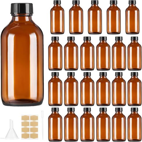 4oz (24 Pack) Amber Boston Round Glass Bottles with Black Caps-Includes Funnel & Stickers,Brown Airtight Refillable Containers for Essential Oils,Tinctures,Vanilla Extract, Home Brewing,DIY Storage in Saudi Arabia