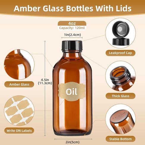 4oz (24 Pack) Amber Boston Round Glass Bottles with Black Caps-Includes Funnel & Stickers,Brown Airtight Refillable Containers for Essential Oils,Tinctures,Vanilla Extract, Home Brewing,DIY Storage in Saudi Arabia