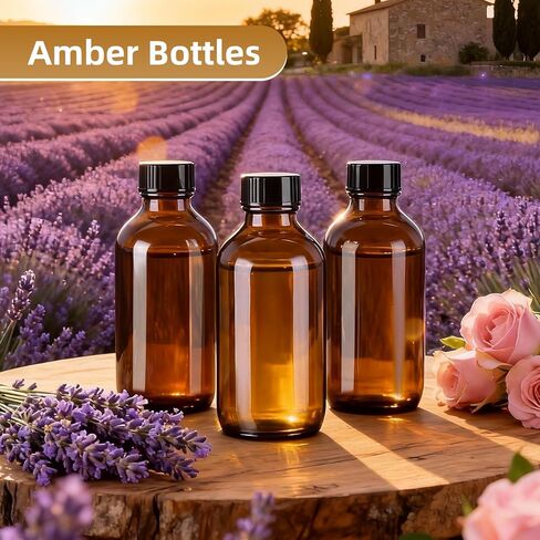 4oz (24 Pack) Amber Boston Round Glass Bottles with Black Caps-Includes Funnel & Stickers,Brown Airtight Refillable Containers for Essential Oils,Tinctures,Vanilla Extract, Home Brewing,DIY Storage in Saudi Arabia