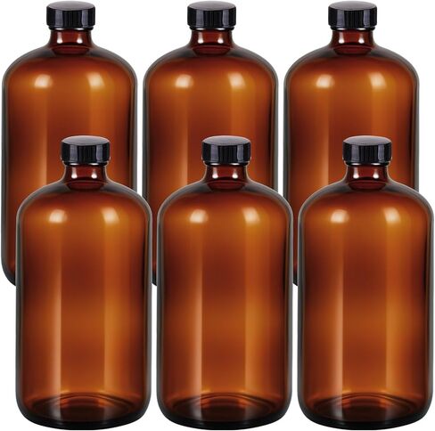 6 عبوات من الزجاجات الكهرمانية سعة 32 أونصة مع أغطية، زجاجات بوسطن الزجاجية المستديرة مع أغطية سوداء لتخمير الكمبوتشا الثانوي والمواد الكيميائية المخبرية in Kuwait