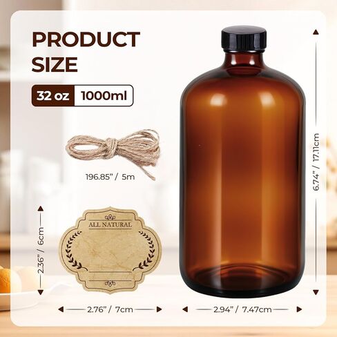 6 عبوات من الزجاجات الكهرمانية سعة 32 أونصة مع أغطية، زجاجات بوسطن الزجاجية المستديرة مع أغطية سوداء لتخمير الكمبوتشا الثانوي والمواد الكيميائية المخبرية in Kuwait