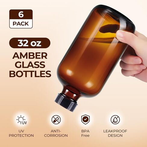 6 عبوات من الزجاجات الكهرمانية سعة 32 أونصة مع أغطية، زجاجات بوسطن الزجاجية المستديرة مع أغطية سوداء لتخمير الكمبوتشا الثانوي والمواد الكيميائية المخبرية in Kuwait