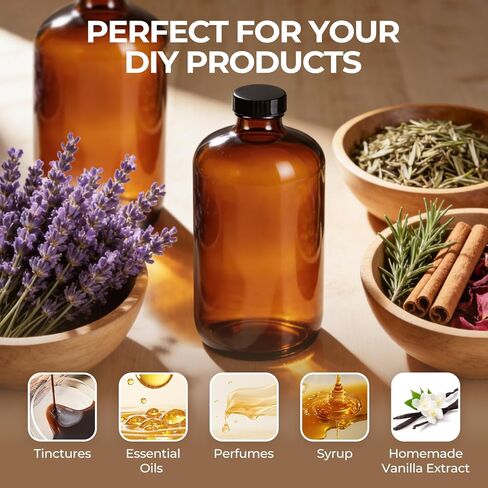 6 عبوات من الزجاجات الكهرمانية سعة 32 أونصة مع أغطية، زجاجات بوسطن الزجاجية المستديرة مع أغطية سوداء لتخمير الكمبوتشا الثانوي والمواد الكيميائية المخبرية in Kuwait