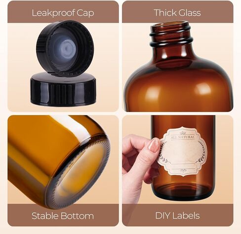 6 عبوات من الزجاجات الكهرمانية سعة 32 أونصة مع أغطية، زجاجات بوسطن الزجاجية المستديرة مع أغطية سوداء لتخمير الكمبوتشا الثانوي والمواد الكيميائية المخبرية in Kuwait