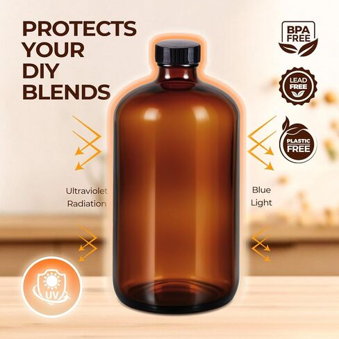 6 عبوات من الزجاجات الكهرمانية سعة 32 أونصة مع أغطية، زجاجات بوسطن الزجاجية المستديرة مع أغطية سوداء لتخمير الكمبوتشا الثانوي والمواد الكيميائية المخبرية in Kuwait