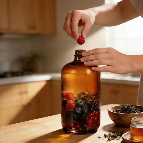 6 عبوات من الزجاجات الكهرمانية سعة 32 أونصة مع أغطية، زجاجات بوسطن الزجاجية المستديرة مع أغطية سوداء لتخمير الكمبوتشا الثانوي والمواد الكيميائية المخبرية in Kuwait