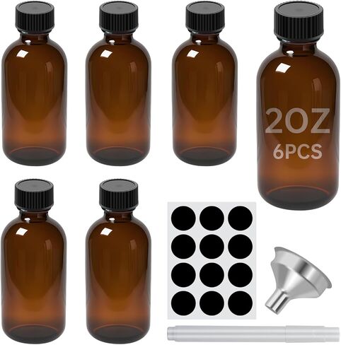 2 oz Amber Glass Bottles - Small Glass Jars with Black Lids Empty Boston Bottle,Dispensing Bottles for Homemade Vanilla Extract, Essential Oils, Herbal Medicine (6) in Saudi Arabia
