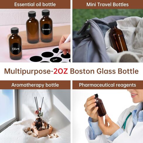 2 oz Amber Glass Bottles - Small Glass Jars with Black Lids Empty Boston Bottle,Dispensing Bottles for Homemade Vanilla Extract, Essential Oils, Herbal Medicine (6) in Saudi Arabia