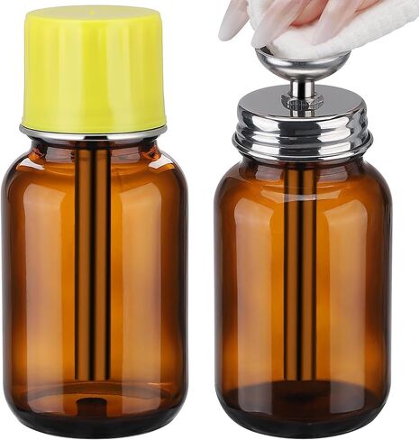 4Oz / 120ml Glass Dispensing Bottles with Copper Core for Acetone/PFA/LDPE, One-Touch Liquid Dispenser Pump with Cover for Chemical & Industrial Liquids, Refillable Sample Tincture Containers, Amber in Kuwait