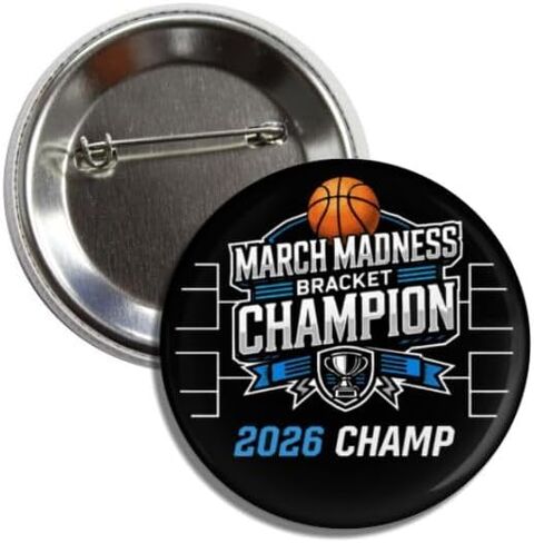 دبوس زر البطل March Madness Bracket Champion 2026، موضوع كرة السلة، شارة 2.25 بوصة in Saudi Arabia