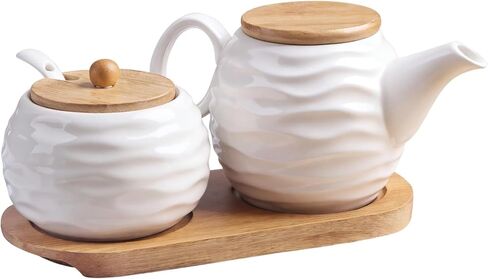 Ceramic Sugar and Creamer Set, Includes 11.8 oz Creamer Pitcher and 7.4 oz Sugar Bowl, Coffee Bar Serving Set with Wooden Tray & Lid, Porcelain Spice Container Set for Home Kitchen in Kuwait