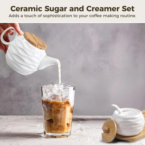 Ceramic Sugar and Creamer Set, Includes 11.8 oz Creamer Pitcher and 7.4 oz Sugar Bowl, Coffee Bar Serving Set with Wooden Tray & Lid, Porcelain Spice Container Set for Home Kitchen in Kuwait