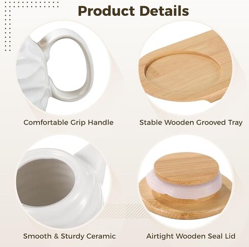 Ceramic Sugar and Creamer Set, Includes 11.8 oz Creamer Pitcher and 7.4 oz Sugar Bowl, Coffee Bar Serving Set with Wooden Tray & Lid, Porcelain Spice Container Set for Home Kitchen in Kuwait