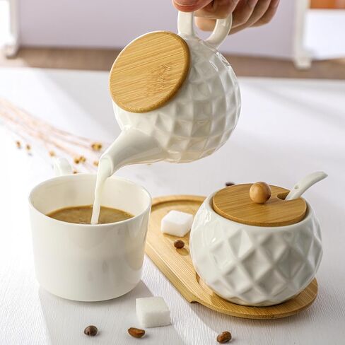 Ceramic Creamer and Sugar Sets,12oz Cream Pitcher, 7.5oz Sugar Bowl with Tray, Spoon and Lid for Cream and Sugar Spices, Condiments, Coffee Accessories,Tea in Saudi Arabia