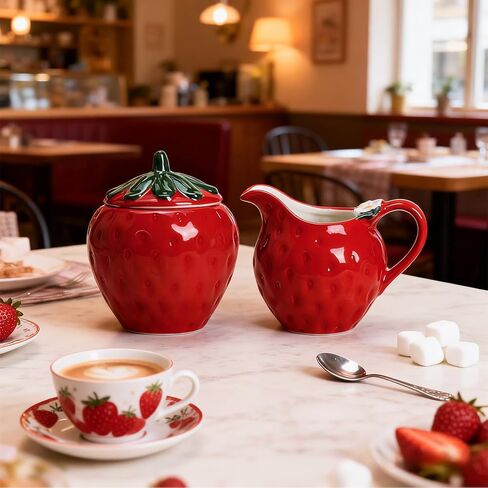 طقم كريمة ووعاء سكر على شكل فراولة من السيراميك من تشوولد، إبريق كريم، وعاء سكر مع غطاء، مجموعة تقديم القهوة in Kuwait