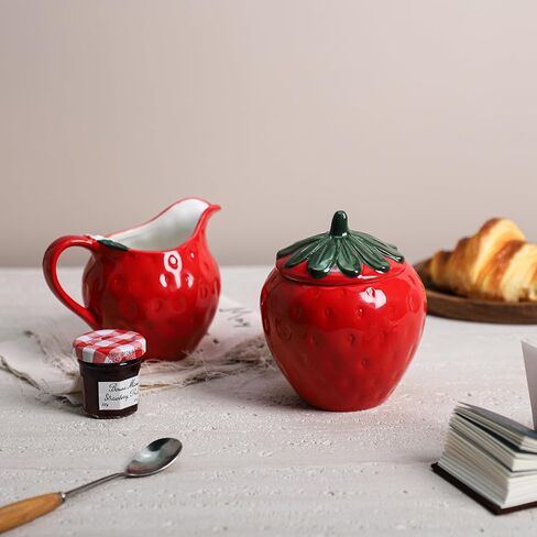 طقم كريمة ووعاء سكر على شكل فراولة من السيراميك من تشوولد، إبريق كريم، وعاء سكر مع غطاء، مجموعة تقديم القهوة in Kuwait