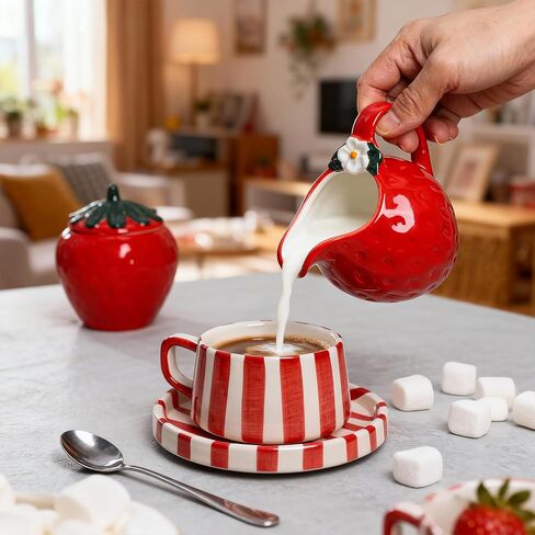 طقم كريمة ووعاء سكر على شكل فراولة من السيراميك من تشوولد، إبريق كريم، وعاء سكر مع غطاء، مجموعة تقديم القهوة in Kuwait