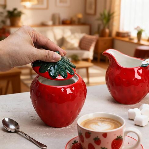 طقم كريمة ووعاء سكر على شكل فراولة من السيراميك من تشوولد، إبريق كريم، وعاء سكر مع غطاء، مجموعة تقديم القهوة in Kuwait