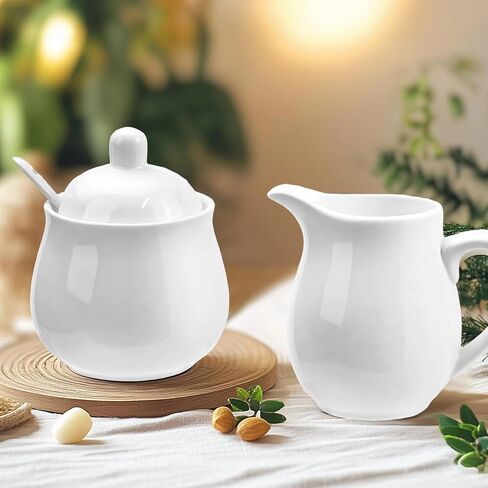 White Porcelain Sugar and Creamer Set, Elegant Ceramic Coffee Serving Set with Sugar Bowl and Cream Pitcher, Milk Creamer and Sugar Container Set Coffee Tea Service for Home Restaurant in Kuwait