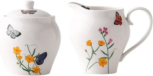WAIT FLY Butterfly and Flower Ceramic Creamer and Sugar Bowl Set, Cream Pitcher, Sugar Bowl with Lid, Coffee Serving Set-Butterfly and Flower-Creamer Bowl Set in Kuwait